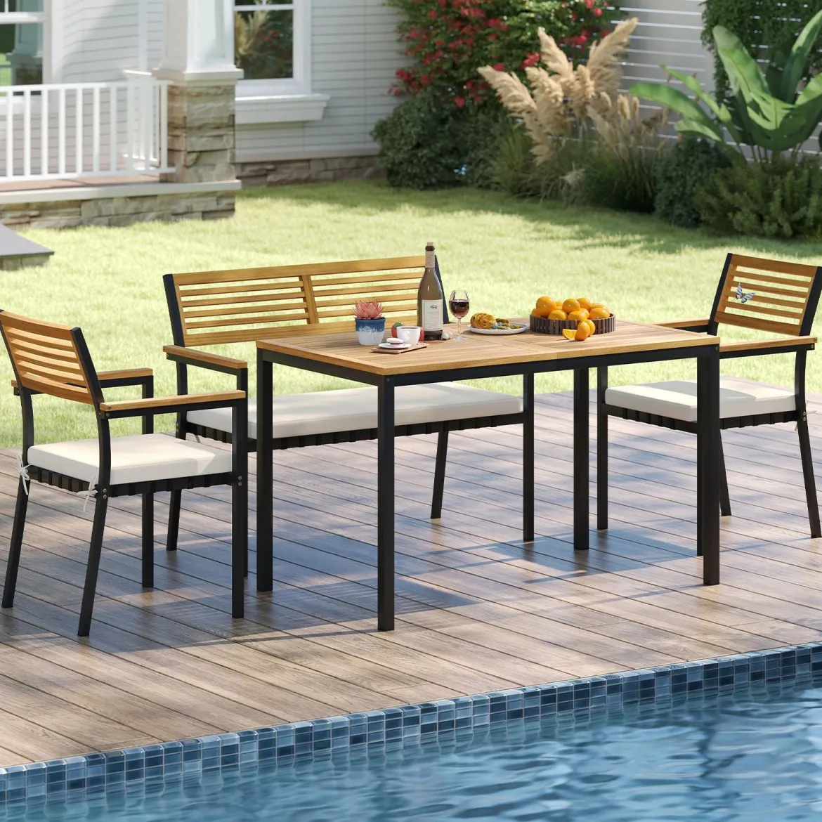 4-TLG. Gartenmöbel Set Essgruppe aus Akazienholz mit Metallrahmen Balkonmöbel mit Tisch 2 Stühle & Sitzbank