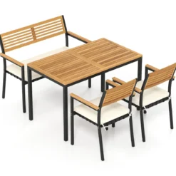 4-TLG. Gartenmöbel Set Essgruppe aus Akazienholz mit Metallrahmen Balkonmöbel mit Tisch 2 Stühle & Sitzbank