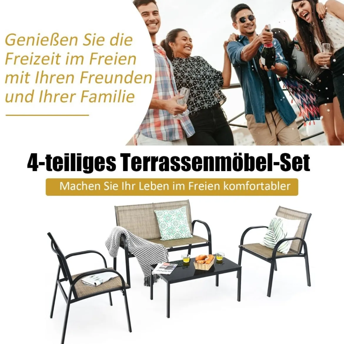 4 TLG. Gartenmöbel Set mit Bank & 2 Stühlen & Couchtisch Lounge Balkonmöbel Set Braun