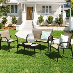 4 TLG. Gartenmöbel Set mit Bank & 2 Stühlen & Couchtisch Lounge Balkonmöbel Set Braun
