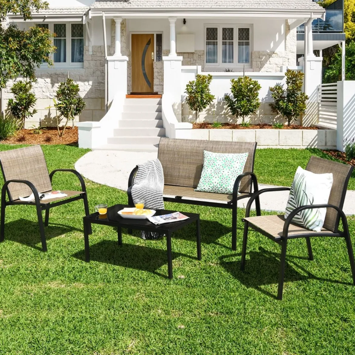 4 TLG. Gartenmöbel Set mit Bank & 2 Stühlen & Couchtisch Lounge Balkonmöbel Set Braun