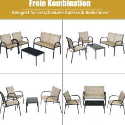 4 TLG. Gartenmöbel Set mit Bank & 2 Stühlen & Couchtisch Lounge Balkonmöbel Set Braun