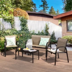 4 TLG. Gartenmöbel Set mit Bank & 2 Stühlen & Couchtisch Lounge Balkonmöbel Set Braun