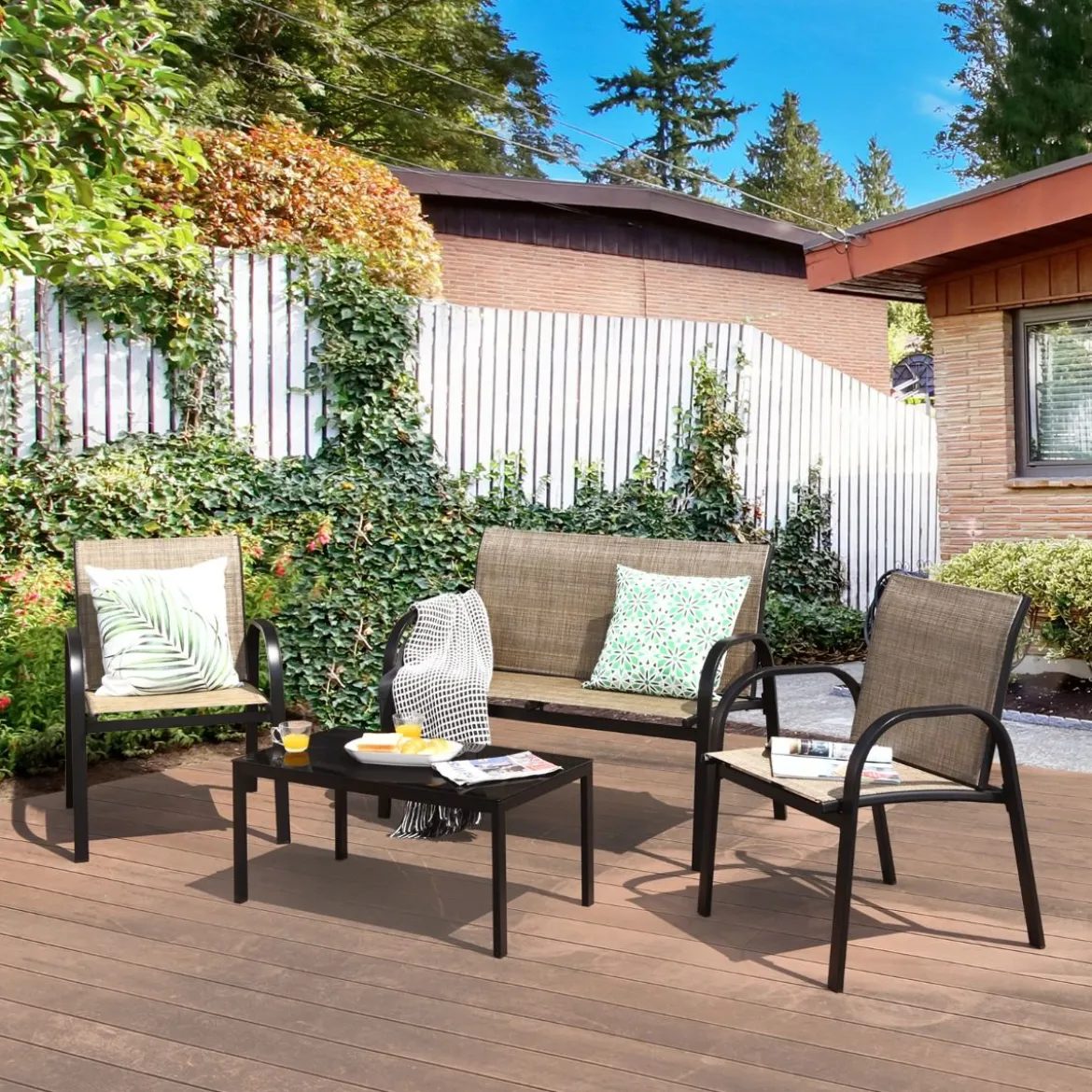 4 TLG. Gartenmöbel Set mit Bank & 2 Stühlen & Couchtisch Lounge Balkonmöbel Set Braun