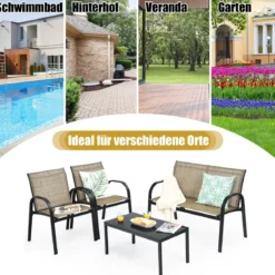 4 TLG. Gartenmöbel Set mit Bank & 2 Stühlen & Couchtisch Lounge Balkonmöbel Set Braun