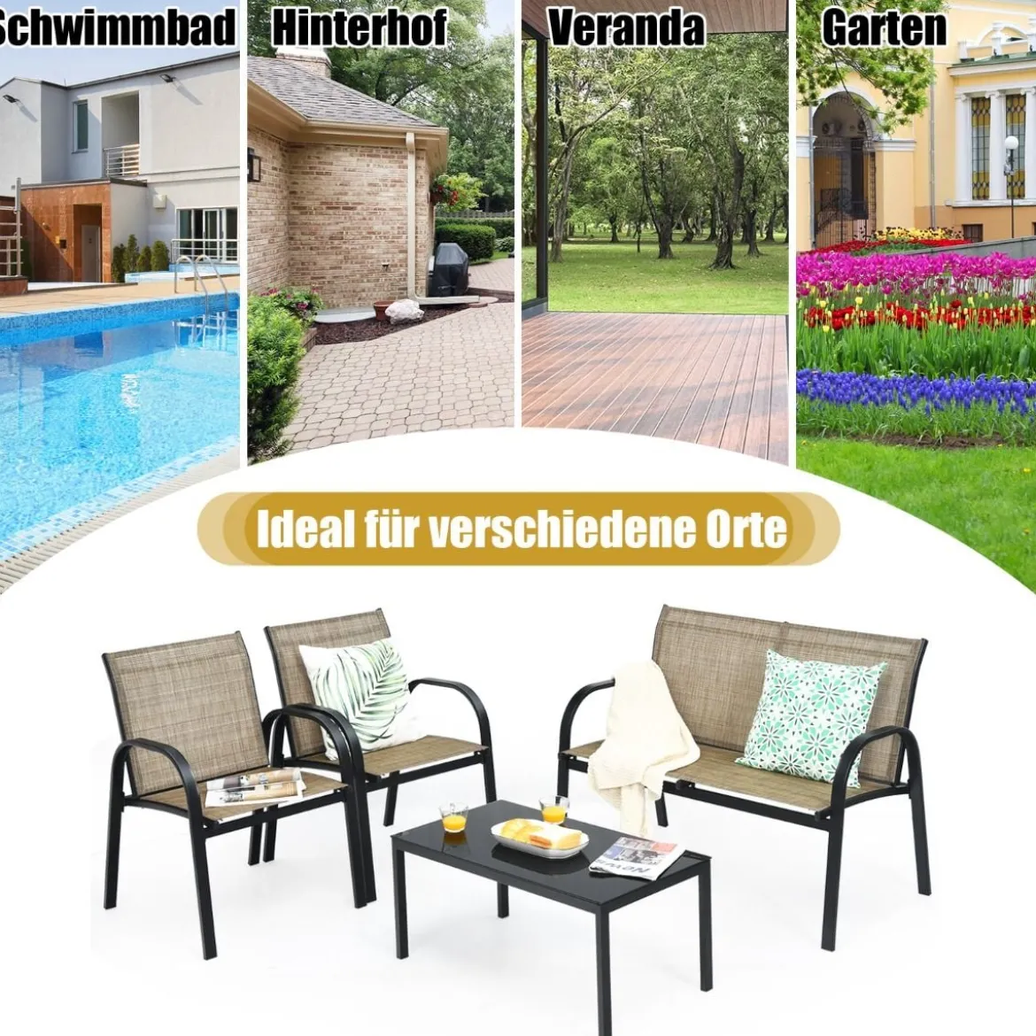 4 TLG. Gartenmöbel Set mit Bank & 2 Stühlen & Couchtisch Lounge Balkonmöbel Set Braun