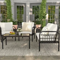 4tlg. Gartenmöbel Set mit 2 Rattansessel & Gartenbank & Glastisch & Kissen Braun + Beige