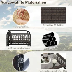 4tlg. Gartenmöbel Set mit 2 Rattansessel & Gartenbank & Glastisch & Kissen Braun + Beige