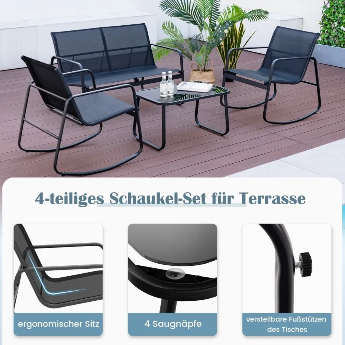 4-TLG. Gartenmöbel Set mit Sanfter Schaukelbewegung Sitzgruppe für 4 Personen