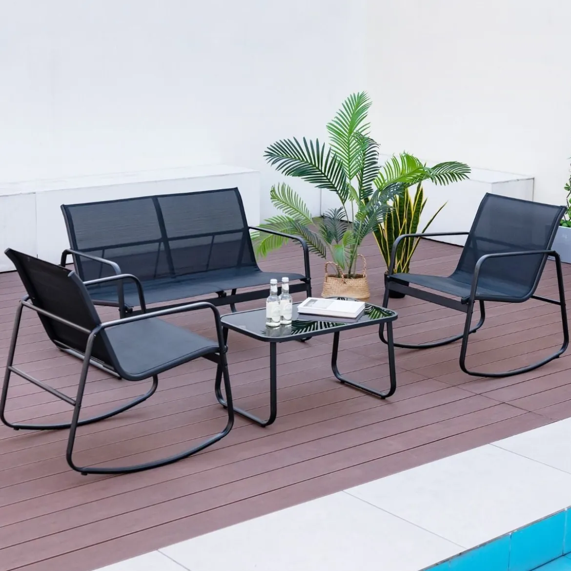 4-TLG. Gartenmöbel Set mit Sanfter Schaukelbewegung Sitzgruppe für 4 Personen