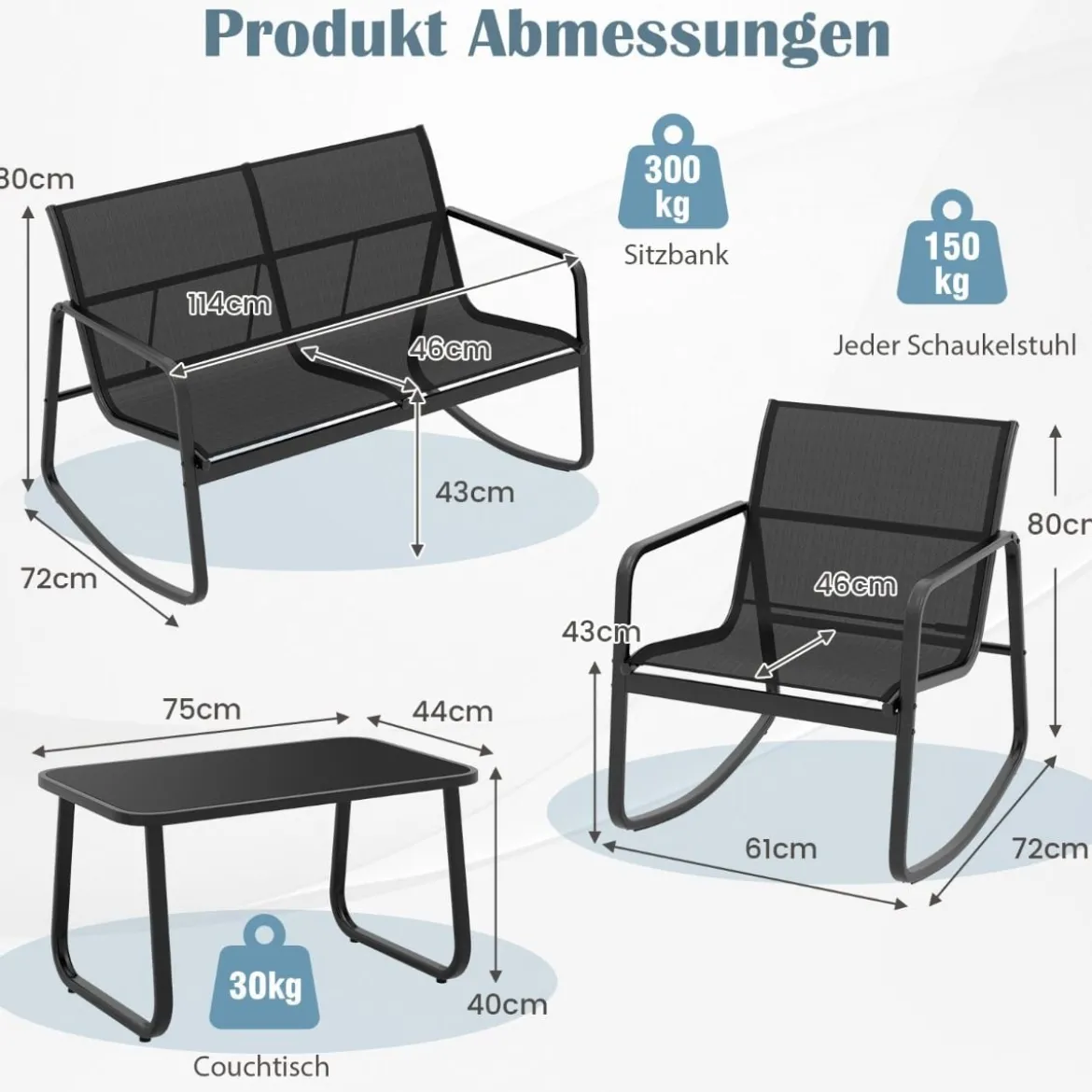 4-TLG. Gartenmöbel Set mit Sanfter Schaukelbewegung Sitzgruppe für 4 Personen