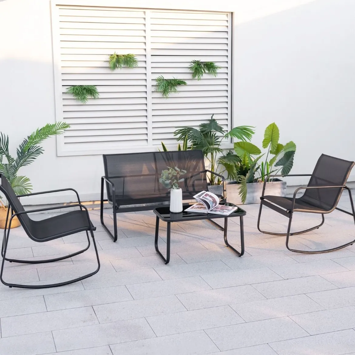 4-TLG. Gartenmöbel Set mit Sanfter Schaukelbewegung Sitzgruppe für 4 Personen