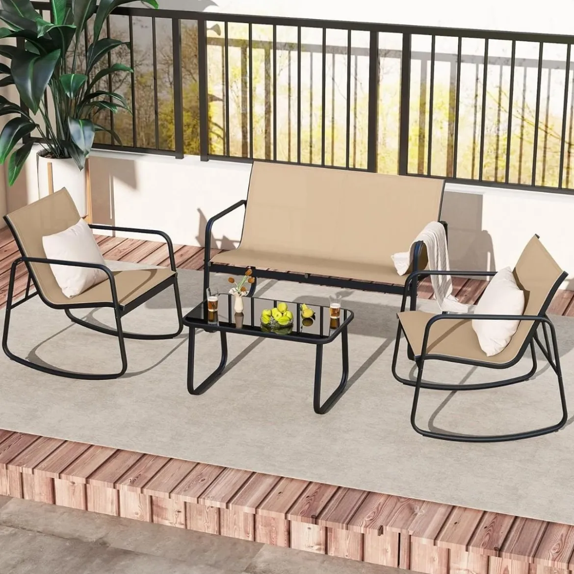 4-tlg. Gartenmöbel Set mit Sanfter Schaukelbewegung Terrassenmöbel Sitzgruppe Sitzgarnitur Braun