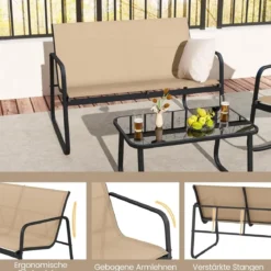 4-tlg. Gartenmöbel Set mit Sanfter Schaukelbewegung Terrassenmöbel Sitzgruppe Sitzgarnitur Braun