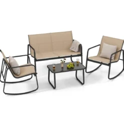 4-tlg. Gartenmöbel Set mit Sanfter Schaukelbewegung Terrassenmöbel Sitzgruppe Sitzgarnitur Braun