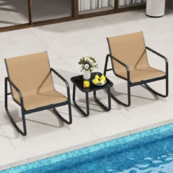 3-tlg. Gartenmöbel Set mit 2 Stühle & Tisch Balkonset mit Sanfter Schaukelbewegung Braun