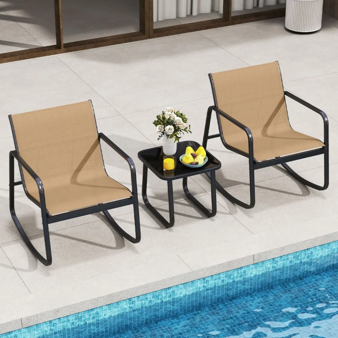 3-tlg. Gartenmöbel Set mit 2 Stühle & Tisch Balkonset mit Sanfter Schaukelbewegung Braun