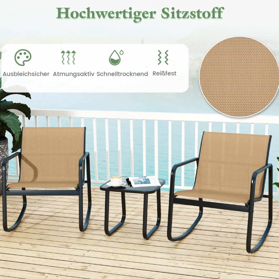 3-tlg. Gartenmöbel Set mit 2 Stühle & Tisch Balkonset mit Sanfter Schaukelbewegung Braun