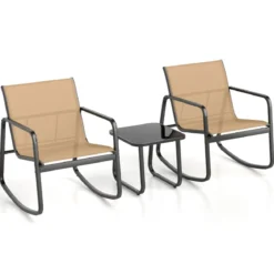 3-tlg. Gartenmöbel Set mit 2 Stühle & Tisch Balkonset mit Sanfter Schaukelbewegung Braun