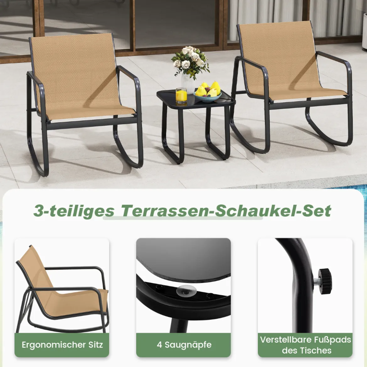 3-tlg. Gartenmöbel Set mit 2 Stühle & Tisch Balkonset mit Sanfter Schaukelbewegung Braun