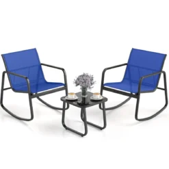 3-tlg. Gartenmöbel Set mit 2 Stühle & Tisch Balkonset mit Sanfter Schaukelbewegung Blau