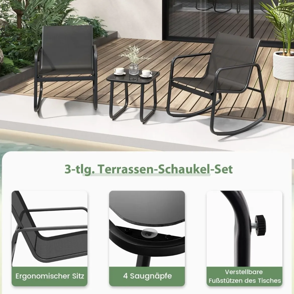 3-TLG. Gartenmöbel Set mit 2 Stühle & Tisch & Sanfter Schaukelbewegung Gartengarnitur