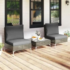 3-TLG Gartenmöbel Set Rattan Balkonmöbel-Set mit 2 Stühle inkl. Sitzkissen & Tisch Sitzgruppe Grau