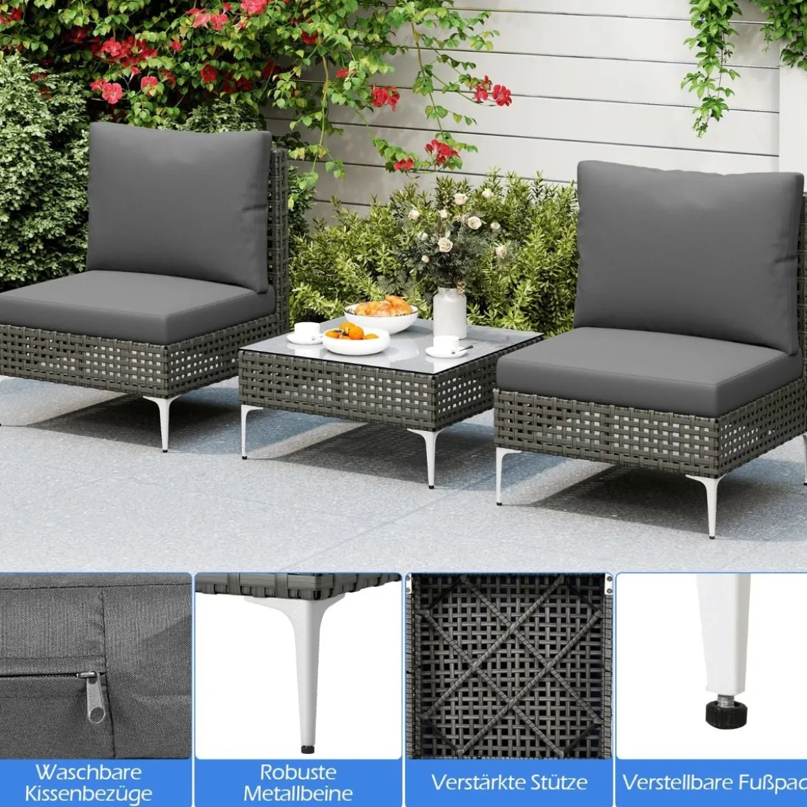 3-TLG Gartenmöbel Set Rattan Balkonmöbel-Set mit 2 Stühle inkl. Sitzkissen & Tisch Sitzgruppe Grau