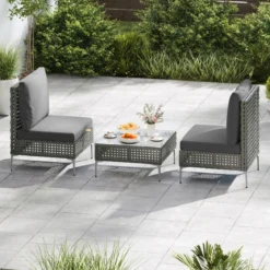 3-TLG Gartenmöbel Set Rattan Balkonmöbel-Set mit 2 Stühle inkl. Sitzkissen & Tisch Sitzgruppe Grau