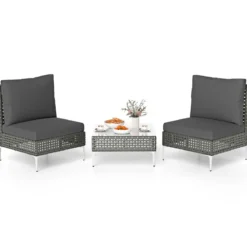 3-TLG Gartenmöbel Set Rattan Balkonmöbel-Set mit 2 Stühle inkl. Sitzkissen & Tisch Sitzgruppe Grau