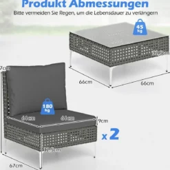 3-TLG Gartenmöbel Set Rattan Balkonmöbel-Set mit 2 Stühle inkl. Sitzkissen & Tisch Sitzgruppe Grau