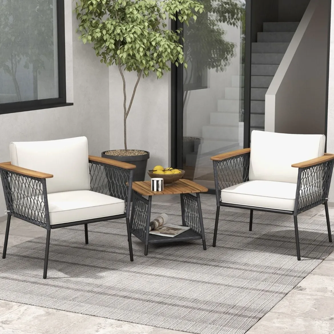 3-tlg. Gartenmöbel-Set Rattanstuhl-Set mit 2-stöckigem Couchtisch Outdoor Gesprächsset