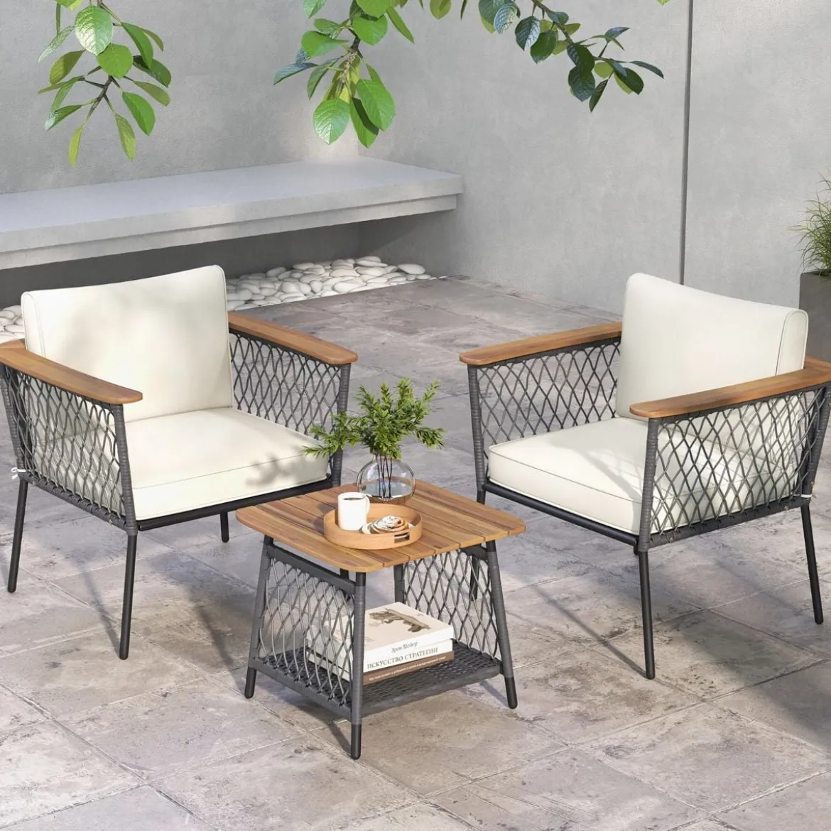3-tlg. Gartenmöbel-Set Rattanstuhl-Set mit 2-stöckigem Couchtisch Outdoor Gesprächsset