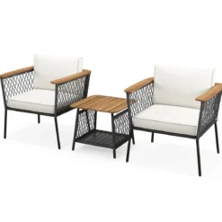 3-tlg. Gartenmöbel-Set Rattanstuhl-Set mit 2-stöckigem Couchtisch Outdoor Gesprächsset