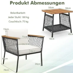 3-tlg. Gartenmöbel-Set Rattanstuhl-Set mit 2-stöckigem Couchtisch Outdoor Gesprächsset