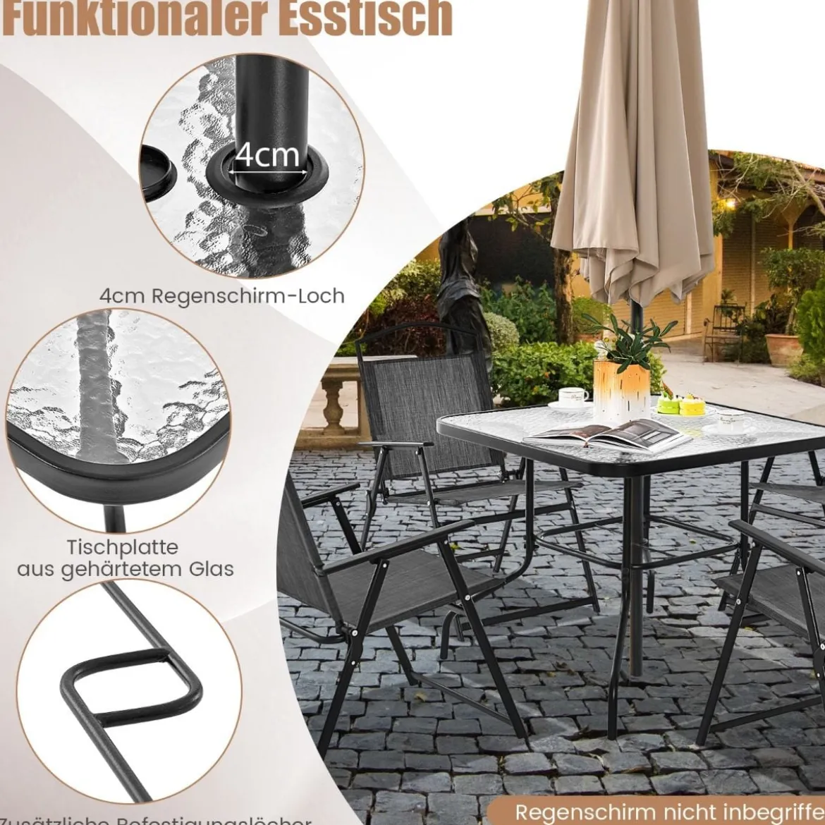 5-TLG. Gartenmöbel Set Terrassenmöbel inkl. 4 Klappstühle 1 Tisch mit Schirmloch Grau + Schwarz