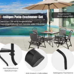 5-TLG. Gartenmöbel Set Terrassenmöbel inkl. 4 Klappstühle 1 Tisch mit Schirmloch Grau + Schwarz