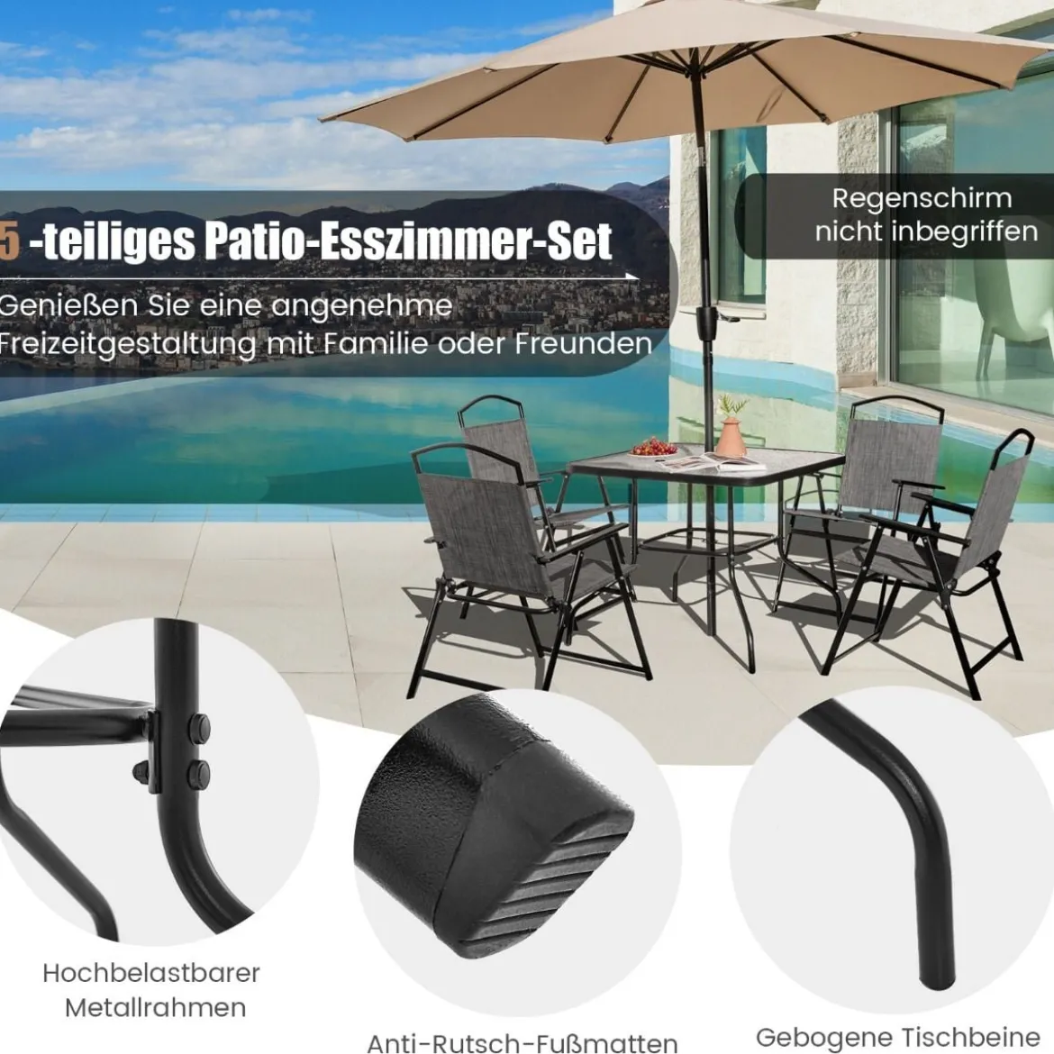5-TLG. Gartenmöbel Set Terrassenmöbel inkl. 4 Klappstühle 1 Tisch mit Schirmloch Grau + Schwarz