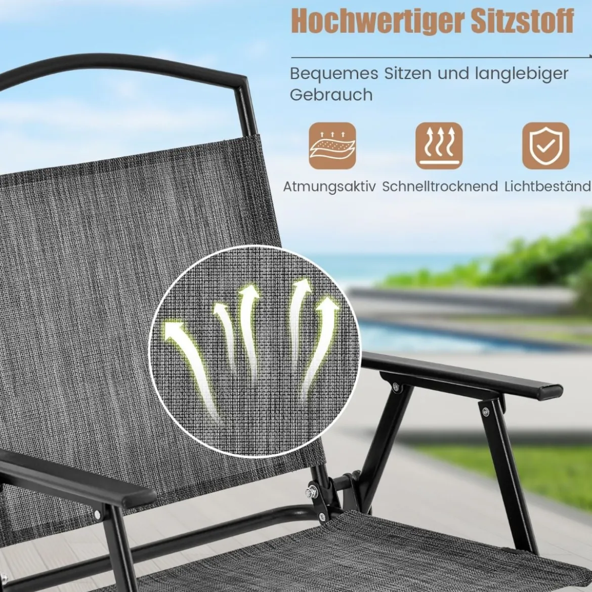 5-TLG. Gartenmöbel Set Terrassenmöbel inkl. 4 Klappstühle 1 Tisch mit Schirmloch Grau + Schwarz