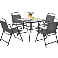 5-TLG. Gartenmöbel Set Terrassenmöbel inkl. 4 Klappstühle 1 Tisch mit Schirmloch Grau + Schwarz