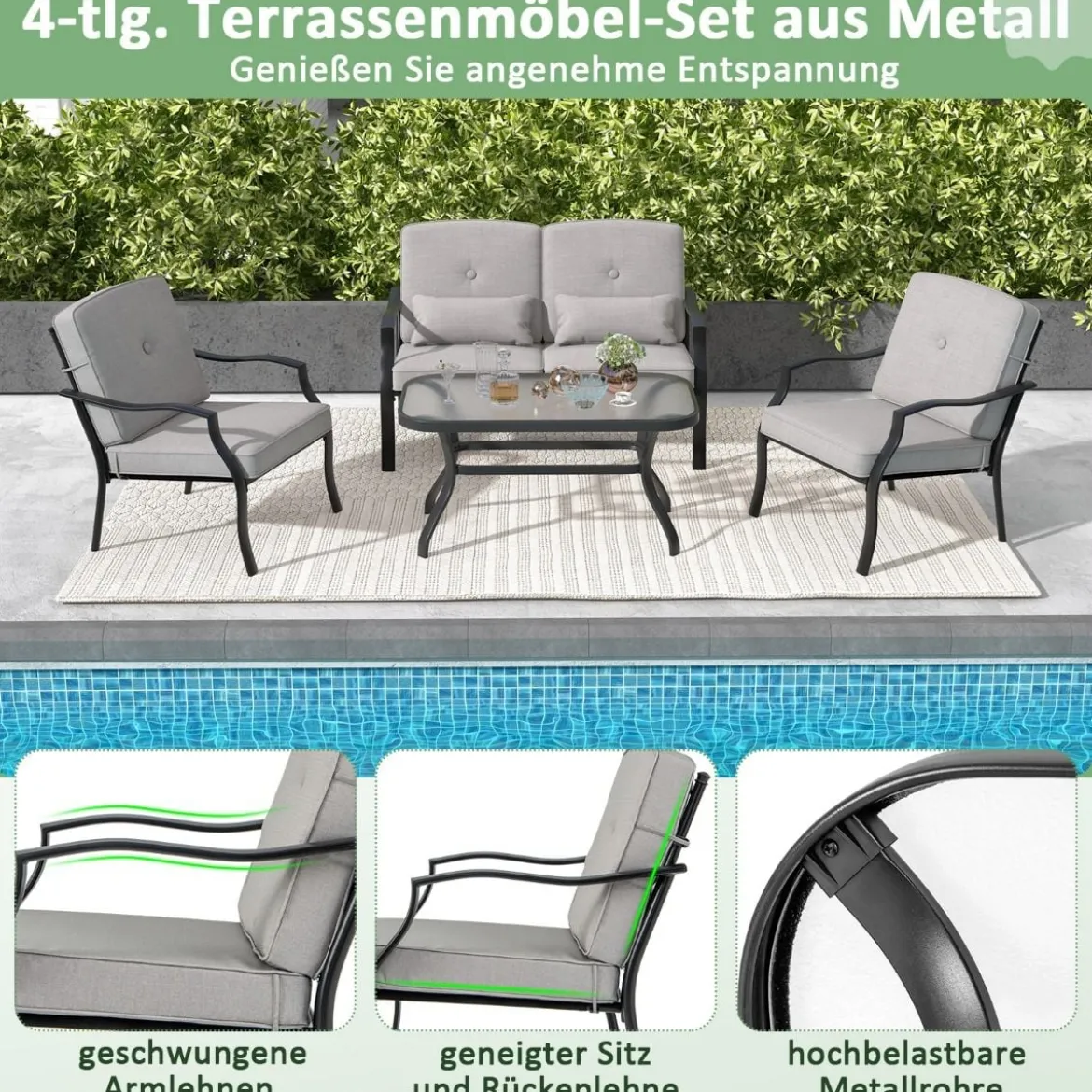 4-TLG. Gartenmöbel Set Terrassenmöbel mit Sitz- Rücken- & Taillenkissen Gartengarnitur