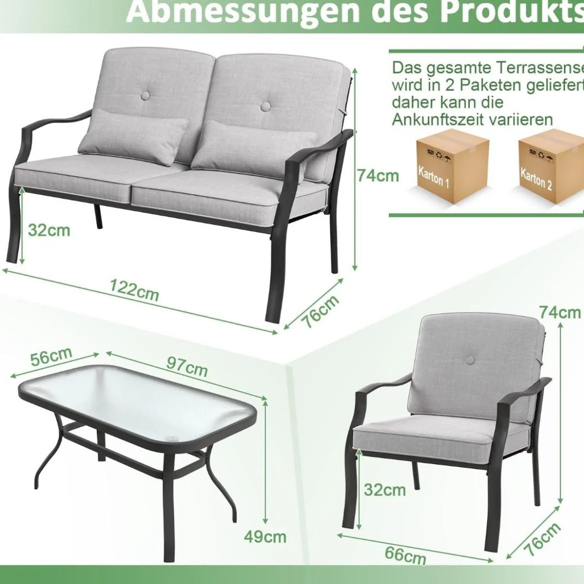 4-TLG. Gartenmöbel Set Terrassenmöbel mit Sitz- Rücken- & Taillenkissen Gartengarnitur