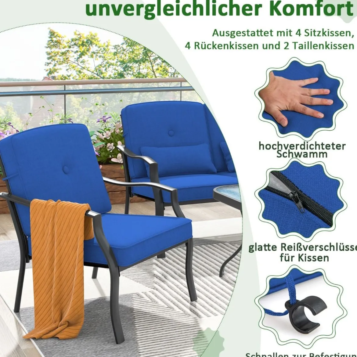 4-TLG. Gartenmöbel Set Terrassenmöbel mit Sitz- Rücken- & Taillenkissen Gartengarnitur