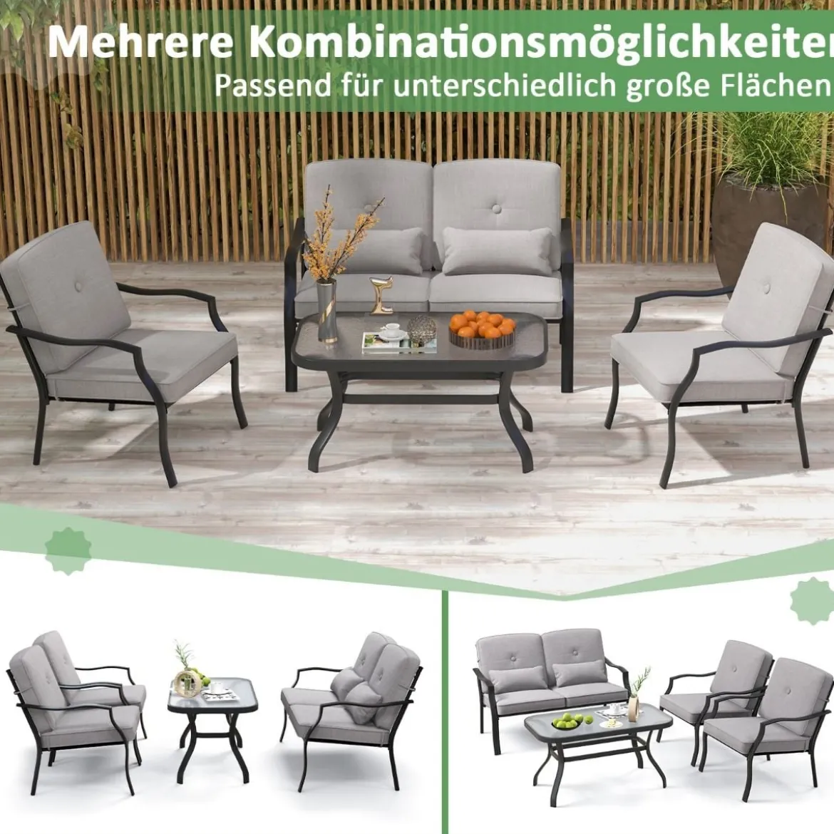 4-TLG. Gartenmöbel Set Terrassenmöbel mit Sitz- Rücken- & Taillenkissen Gartengarnitur
