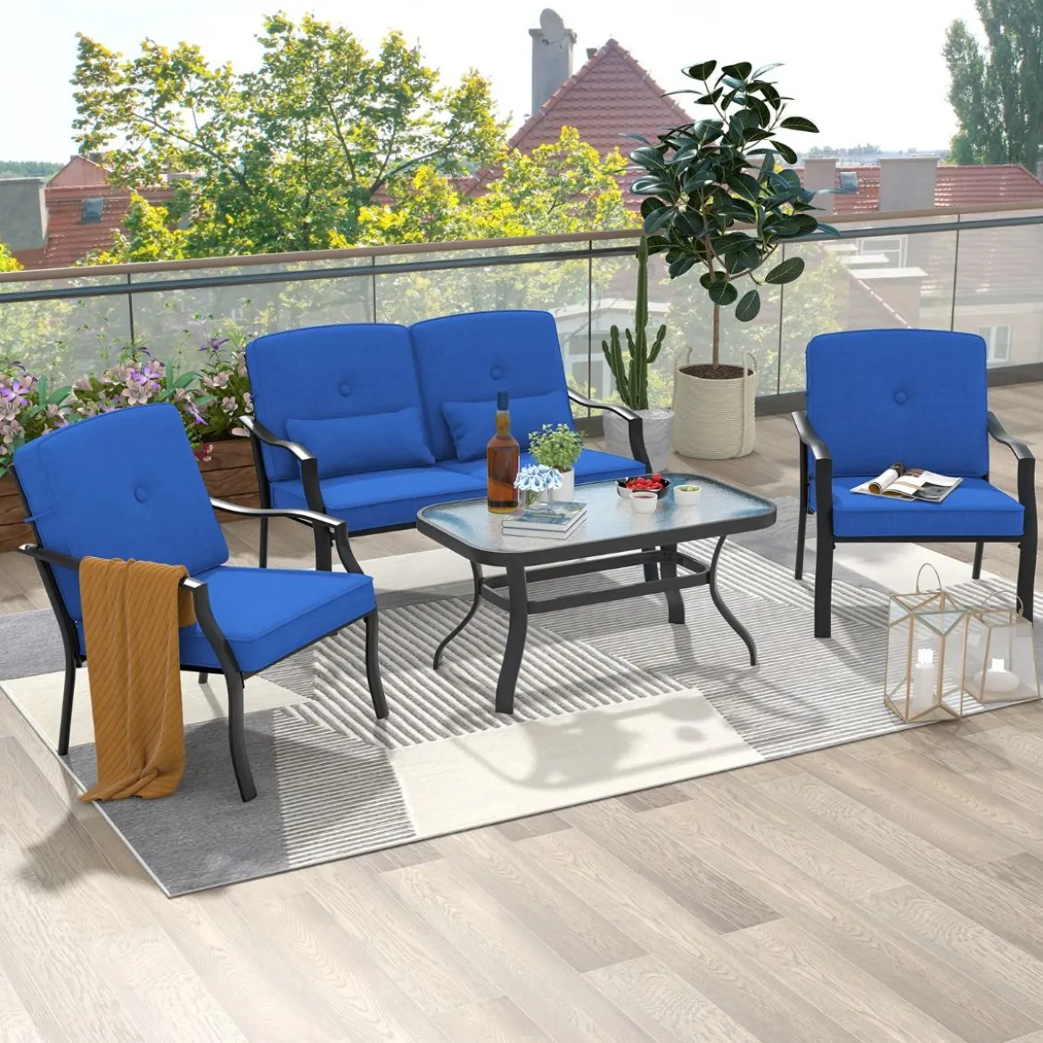 4-TLG. Gartenmöbel Set Terrassenmöbel mit Sitz- Rücken- & Taillenkissen Gartengarnitur