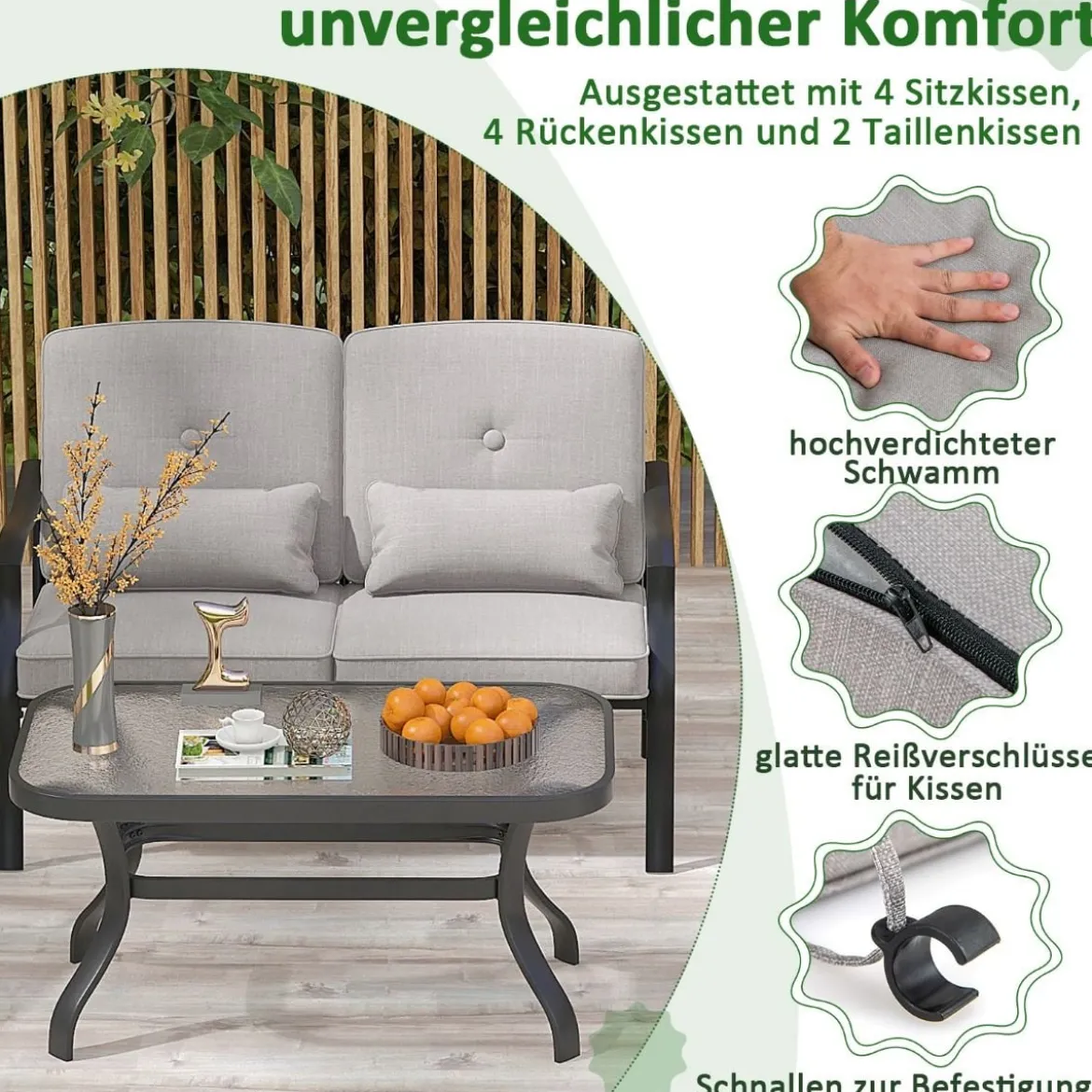 4-TLG. Gartenmöbel Set Terrassenmöbel mit Sitz- Rücken- & Taillenkissen Gartengarnitur