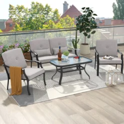 4-TLG. Gartenmöbel Set Terrassenmöbel mit Sitz- Rücken- & Taillenkissen Gartengarnitur