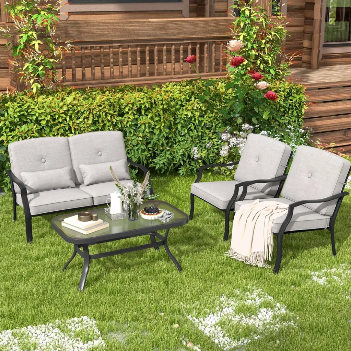 4-TLG. Gartenmöbel Set Terrassenmöbel mit Sitz- Rücken- & Taillenkissen Gartengarnitur