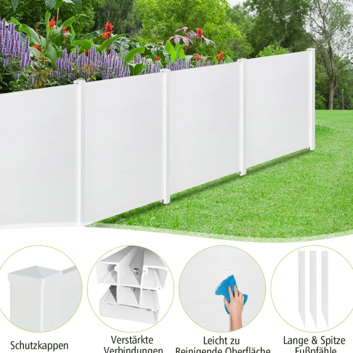 2 TLG. Gartenzaun mit Pfosten & Schutzkappen 124 cm Hoch PVC Sichtschutzzaun Steckzaun Weiß