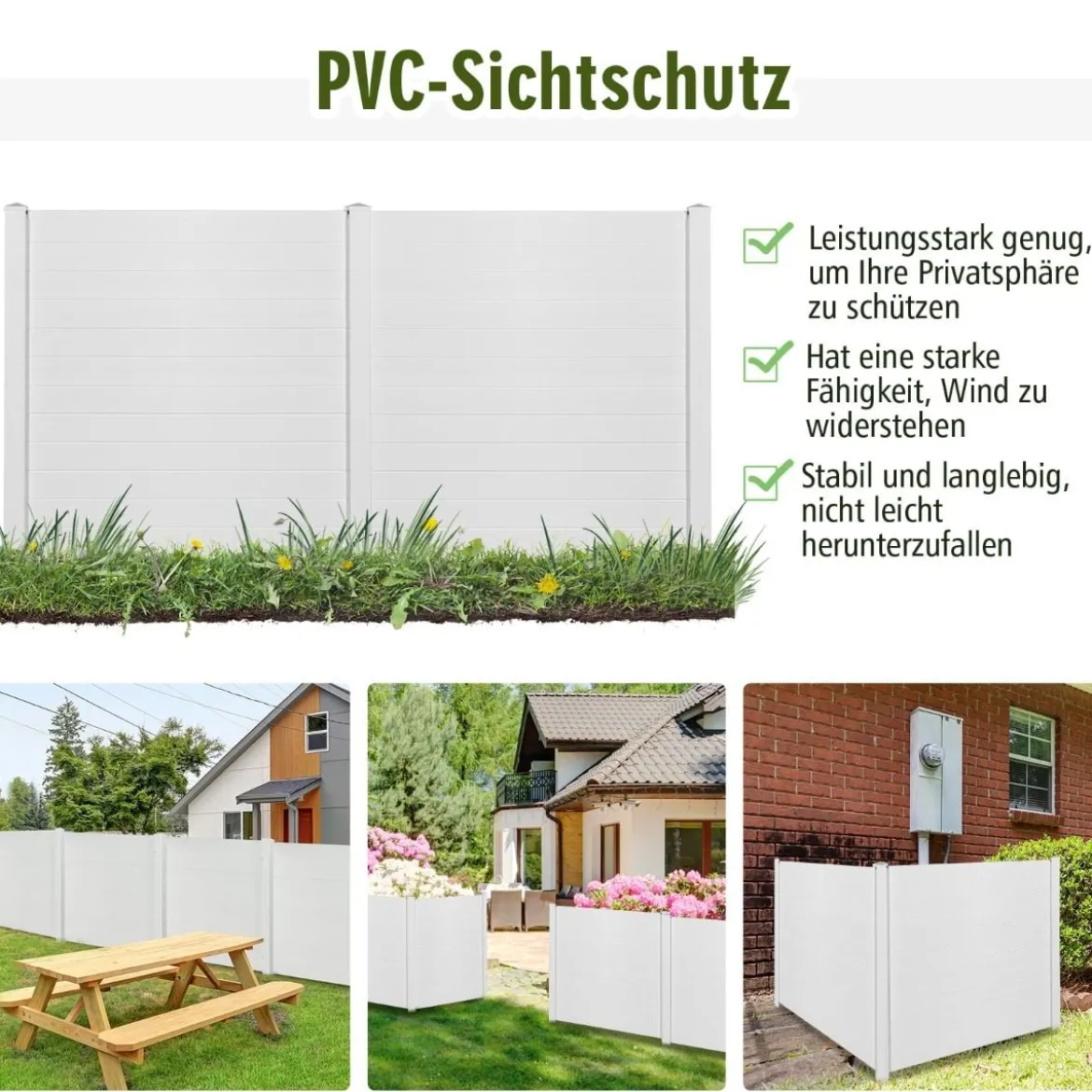 2 TLG. Gartenzaun mit Pfosten & Schutzkappen 124 cm Hoch PVC Sichtschutzzaun Steckzaun Weiß